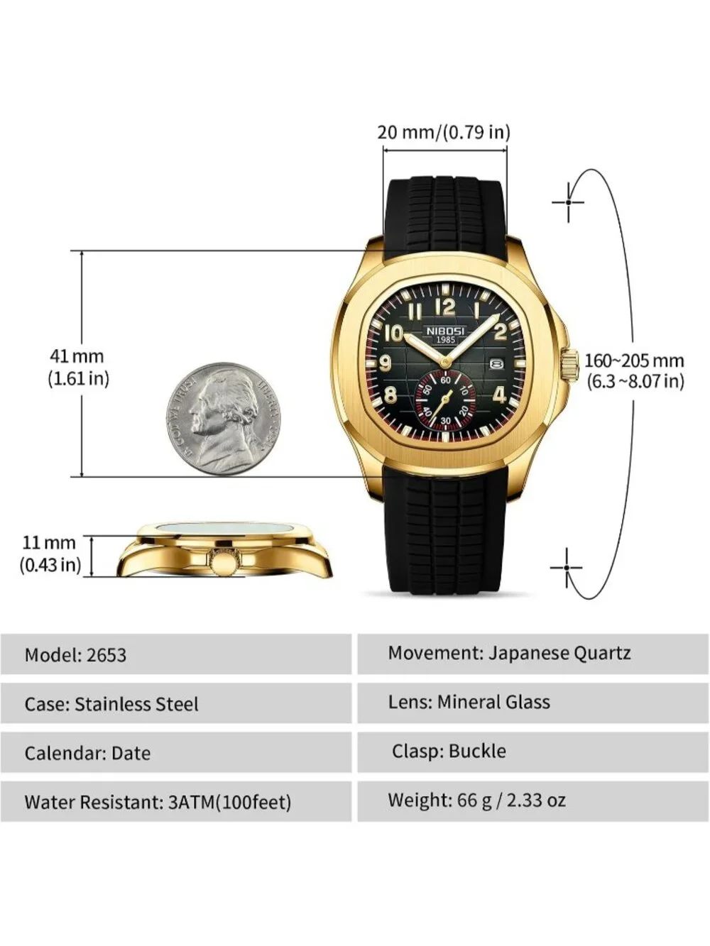 Men's Gold Black Silicone Strap Waterproof Fashion Quartz Classic Wrist Watch
